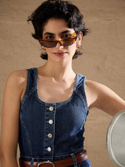 Women Blue Washed Button Down Strappy Jumpsuit-SFJMPS8361