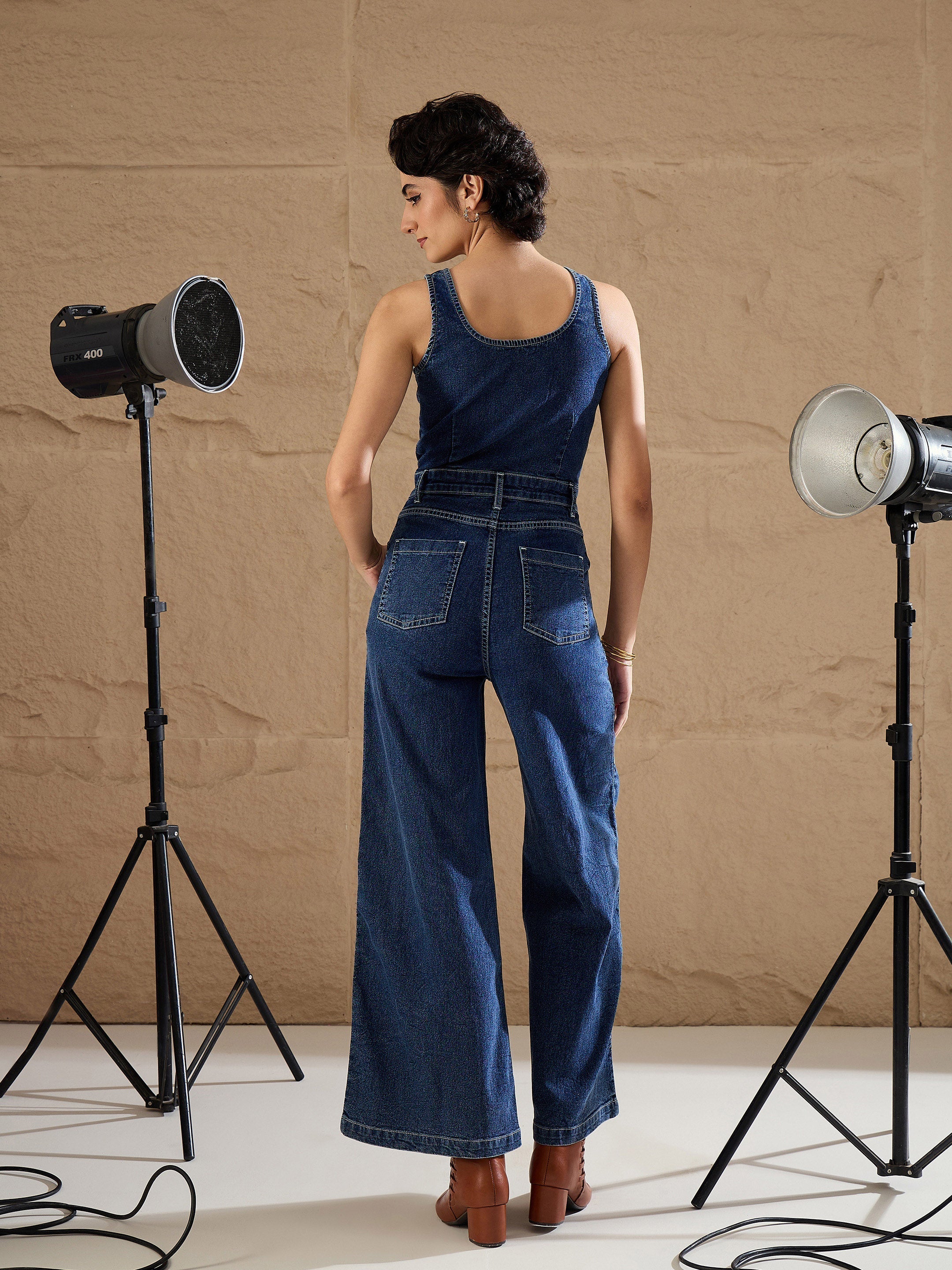 Women Blue Washed Button Down Strappy Jumpsuit-SFJMPS8361