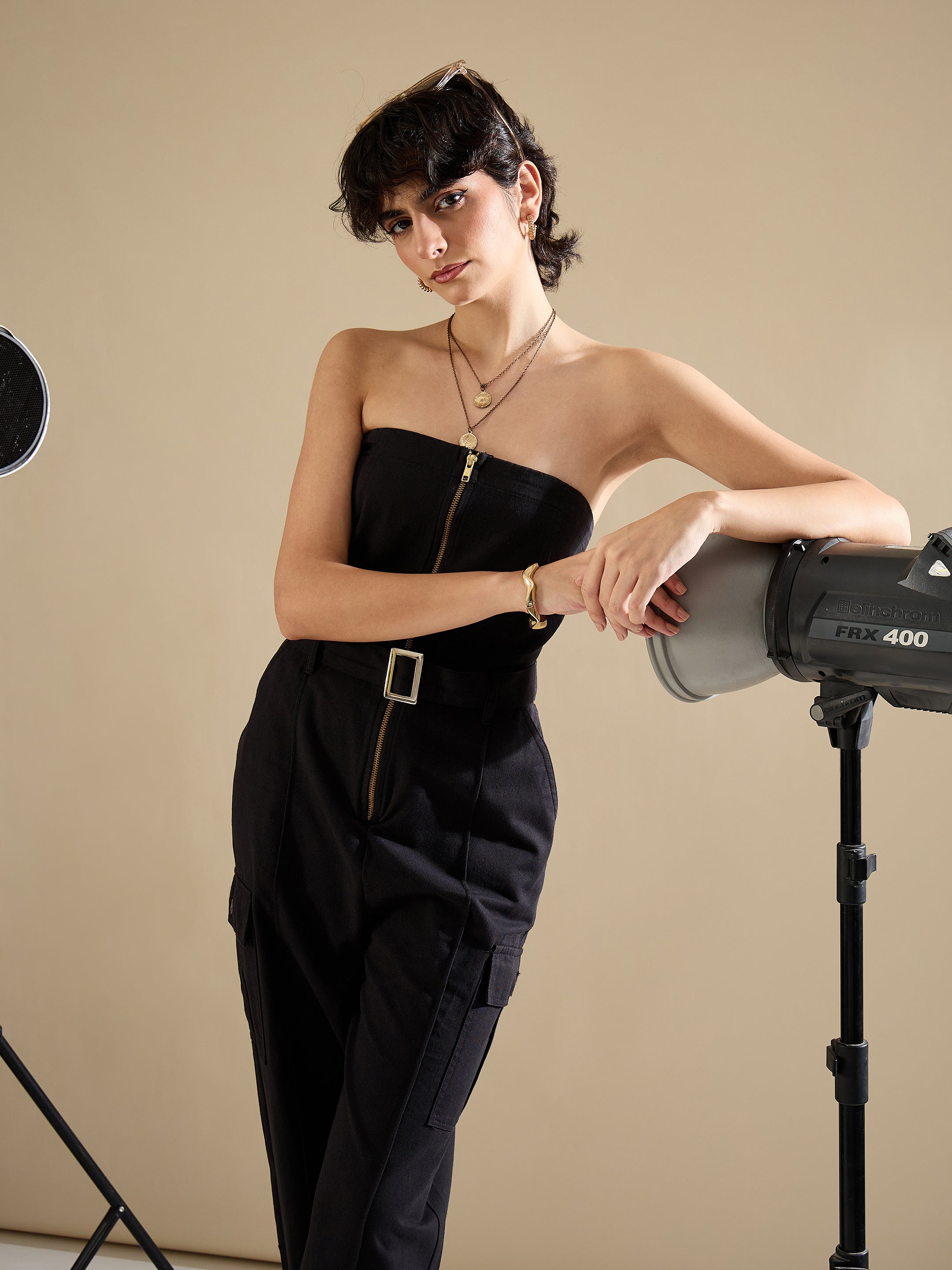 Women Black Twill Off Shoulder Jumpsuit-SFJMPS8362