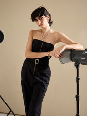 Women Black Twill Off Shoulder Jumpsuit-SFJMPS8362