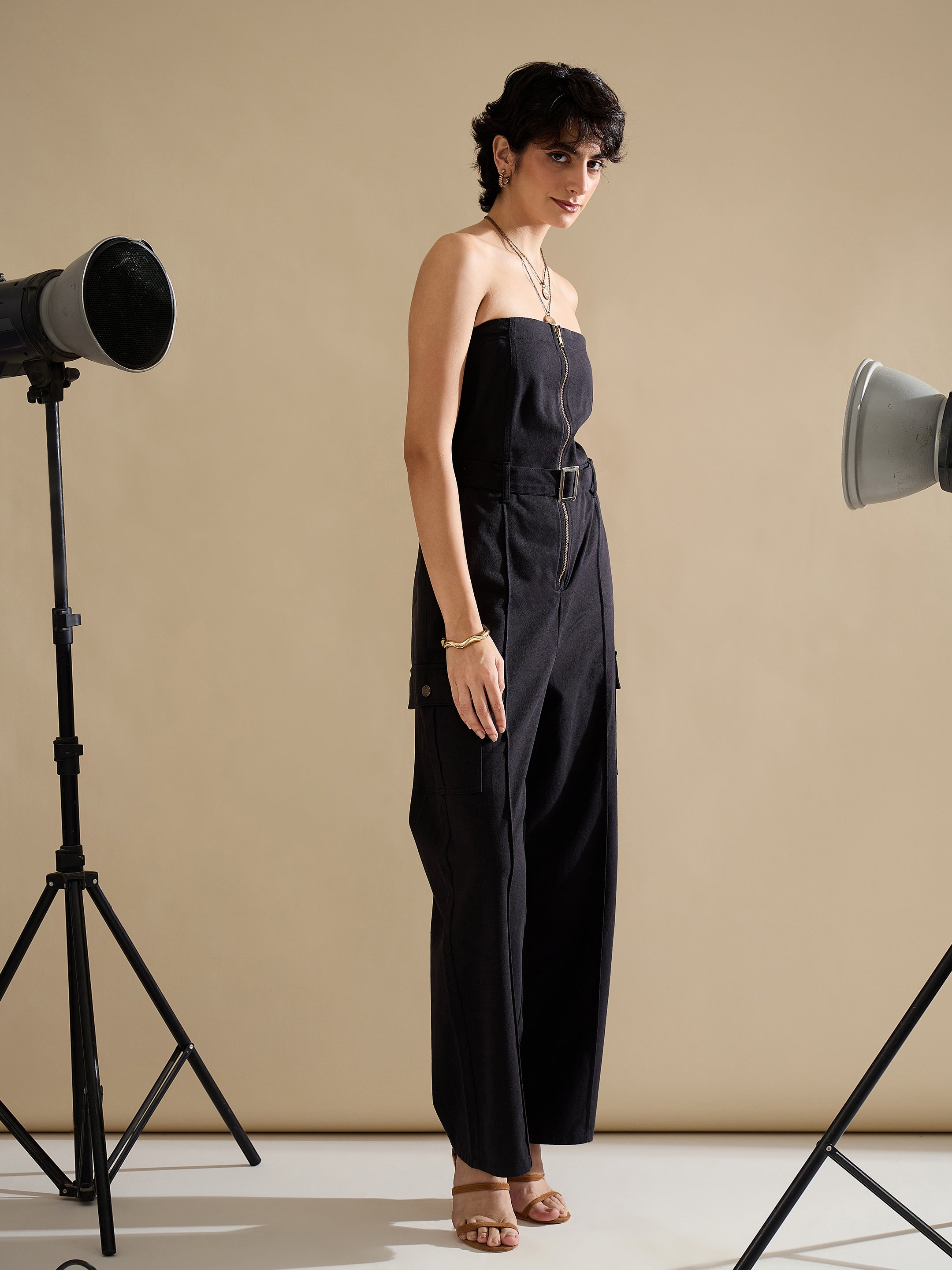 Women Black Twill Off Shoulder Jumpsuit-SFJMPS8362