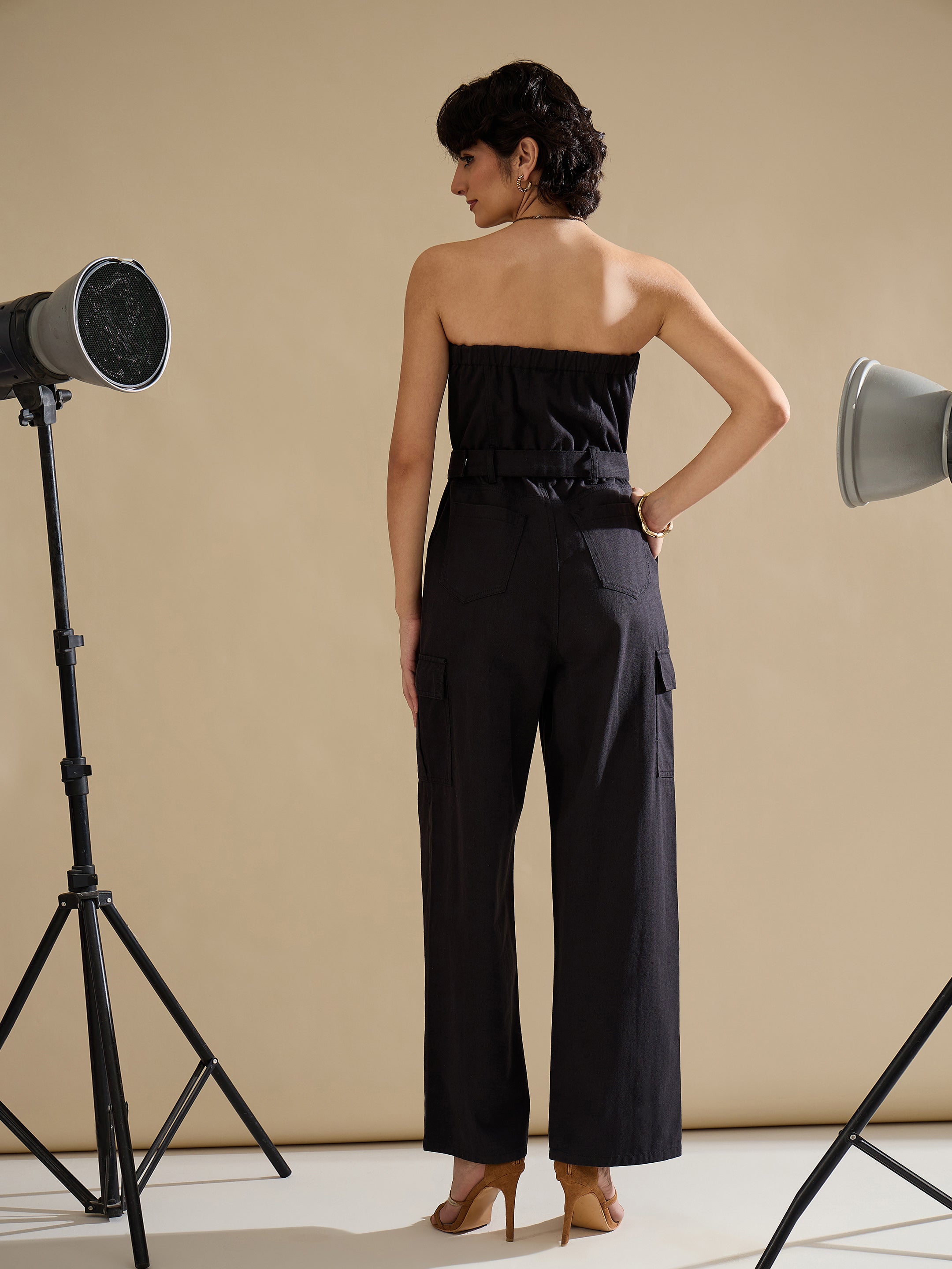Women Black Twill Off Shoulder Jumpsuit-SFJMPS8362