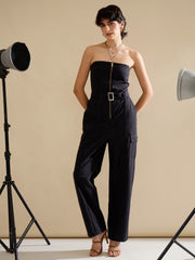 Women Black Twill Off Shoulder Jumpsuit-SFJMPS8362