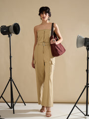 Women Beige Twill Off Shoulder Jumpsuit-SFJMPS8363