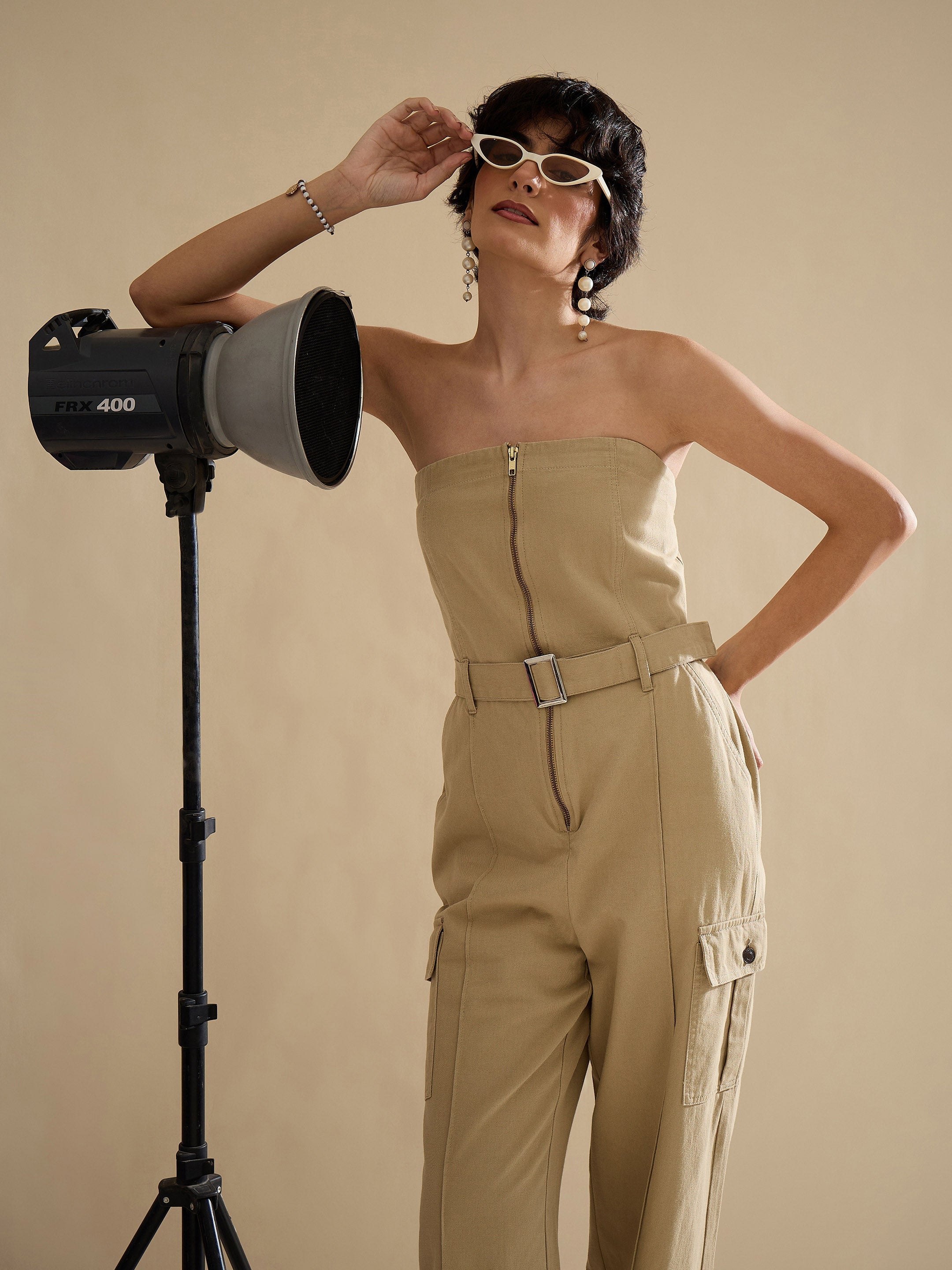 Women Beige Twill Off Shoulder Jumpsuit-SFJMPS8363