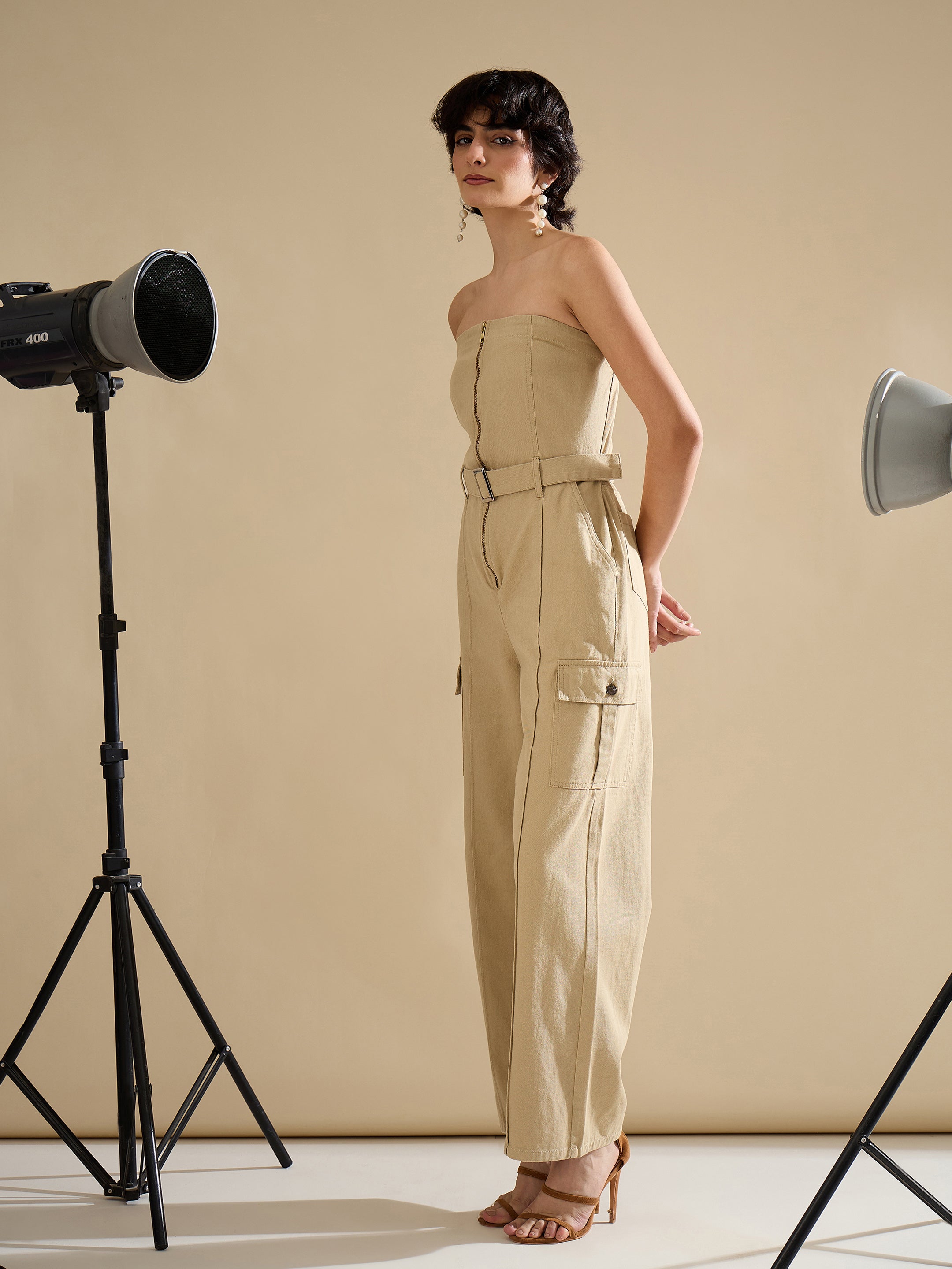 Women Beige Twill Off Shoulder Jumpsuit-SFJMPS8363