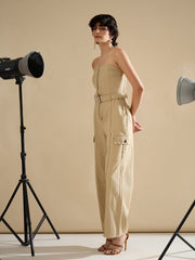 Women Beige Twill Off Shoulder Jumpsuit-SFJMPS8363
