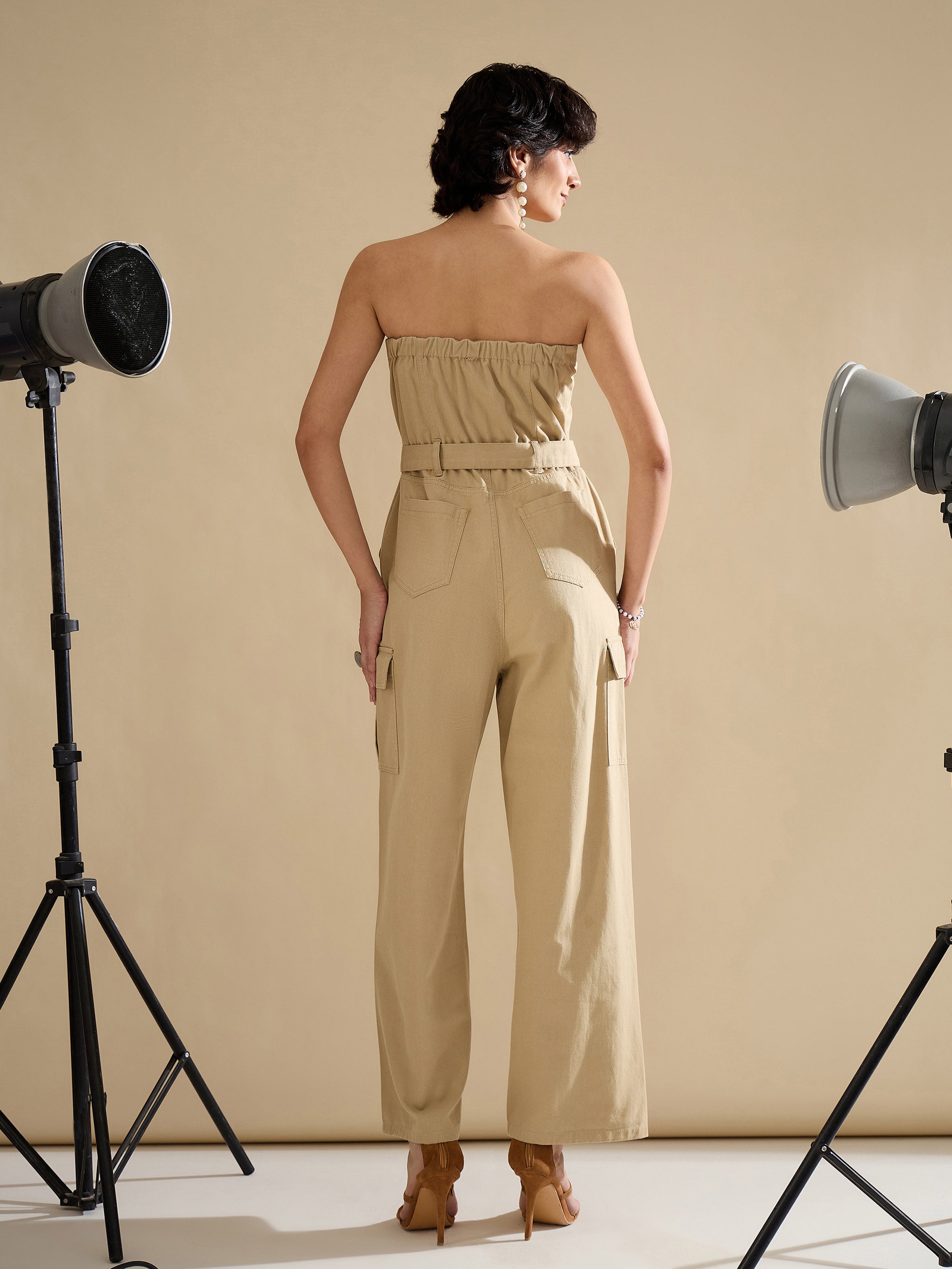 Women Beige Twill Off Shoulder Jumpsuit-SFJMPS8363