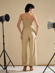 Women Beige Twill Off Shoulder Jumpsuit-SFJMPS8363