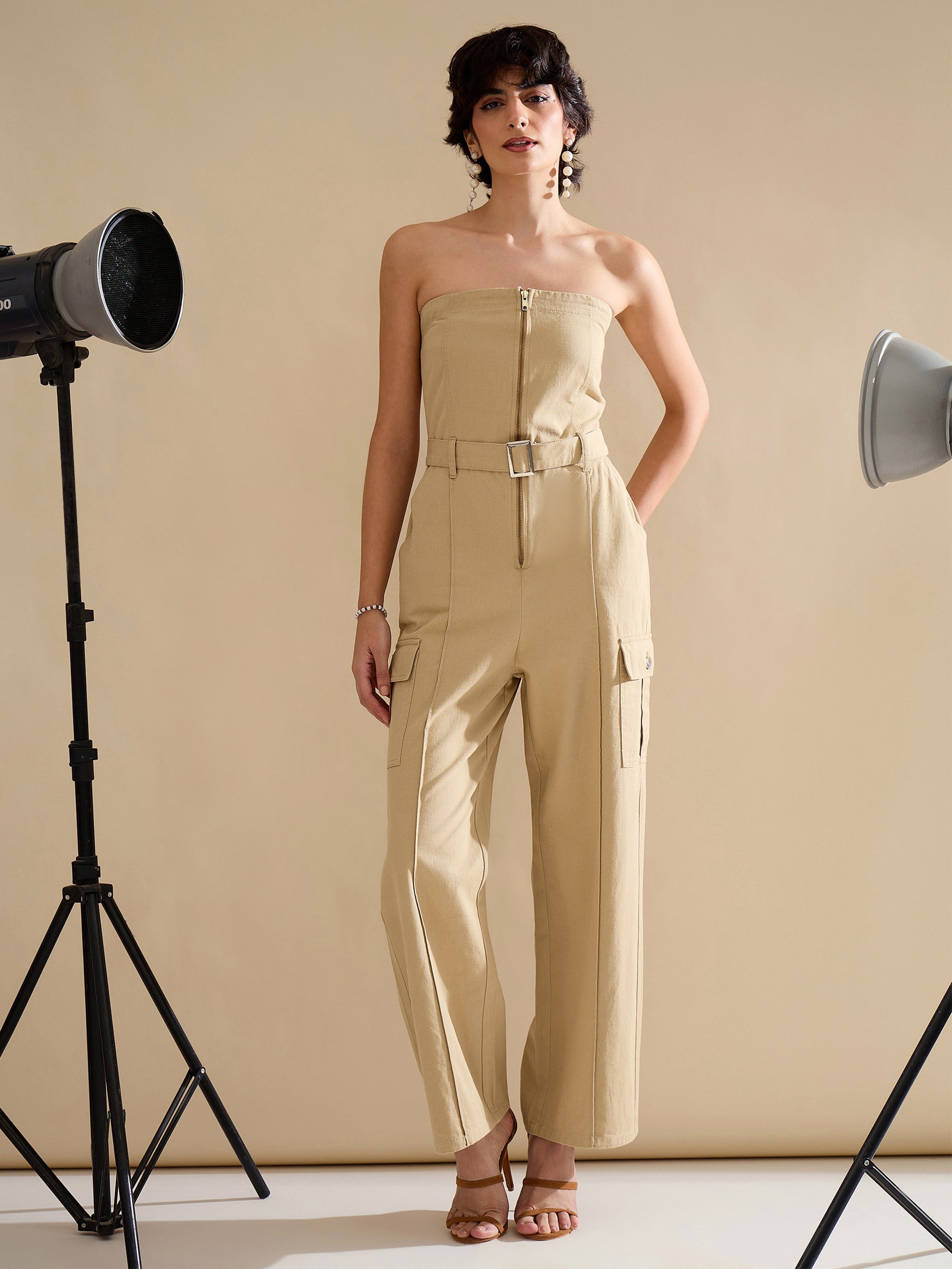 Women Beige Twill Off Shoulder Jumpsuit-SFJMPS8363