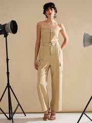 Women Beige Twill Off Shoulder Jumpsuit-SFJMPS8363
