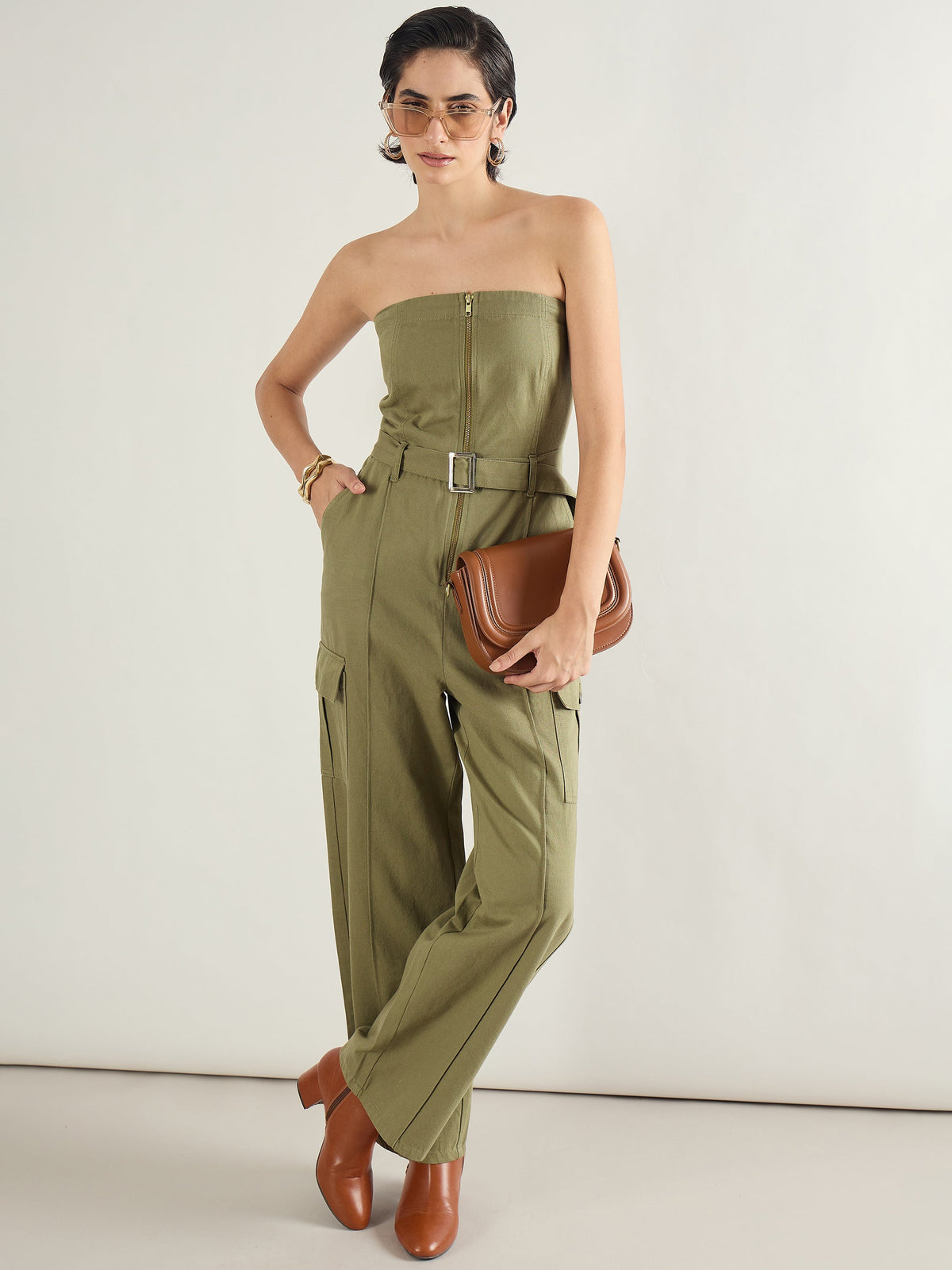 Women Olive Twill Off Shoulder Jumpsuit-SFJMPS8364