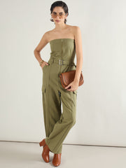 Women Olive Twill Off Shoulder Jumpsuit-SFJMPS8364