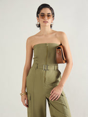Women Olive Twill Off Shoulder Jumpsuit-SFJMPS8364