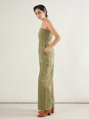 Women Olive Twill Off Shoulder Jumpsuit-SFJMPS8364