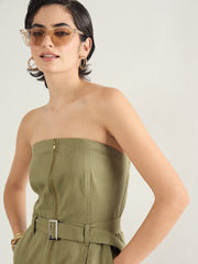 Women Olive Twill Off Shoulder Jumpsuit-SFJMPS8364