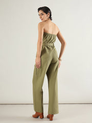 Women Olive Twill Off Shoulder Jumpsuit-SFJMPS8364