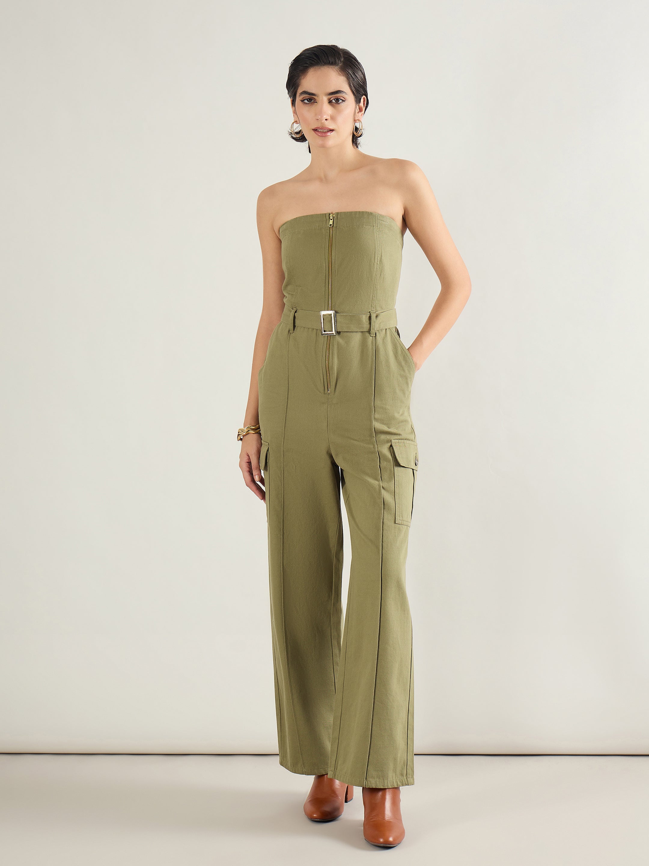 Women Olive Twill Off Shoulder Jumpsuit-SFJMPS8364