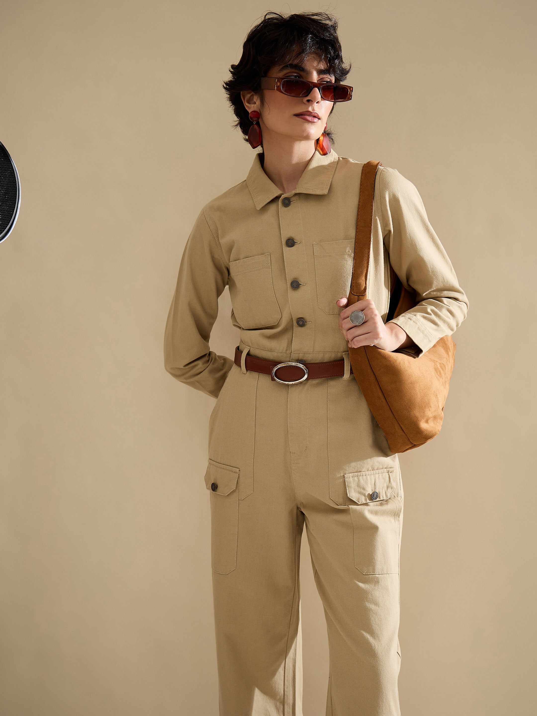 Women Beige Twill Button Down Full Sleeve Jumpsuit-SFJMPS8365