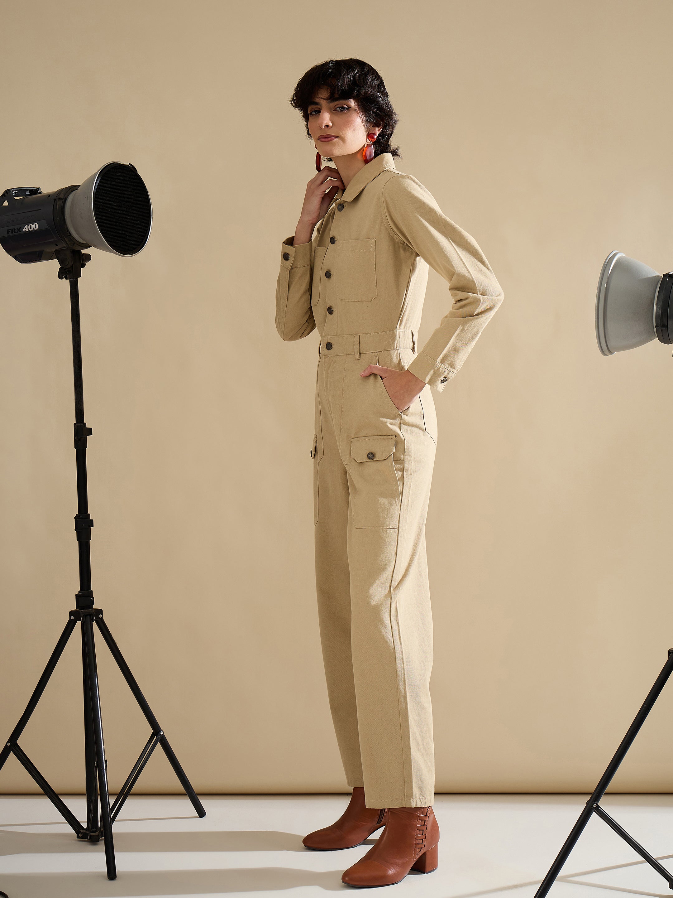 Women Beige Twill Button Down Full Sleeve Jumpsuit-SFJMPS8365