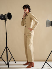 Women Beige Twill Button Down Full Sleeve Jumpsuit-SFJMPS8365