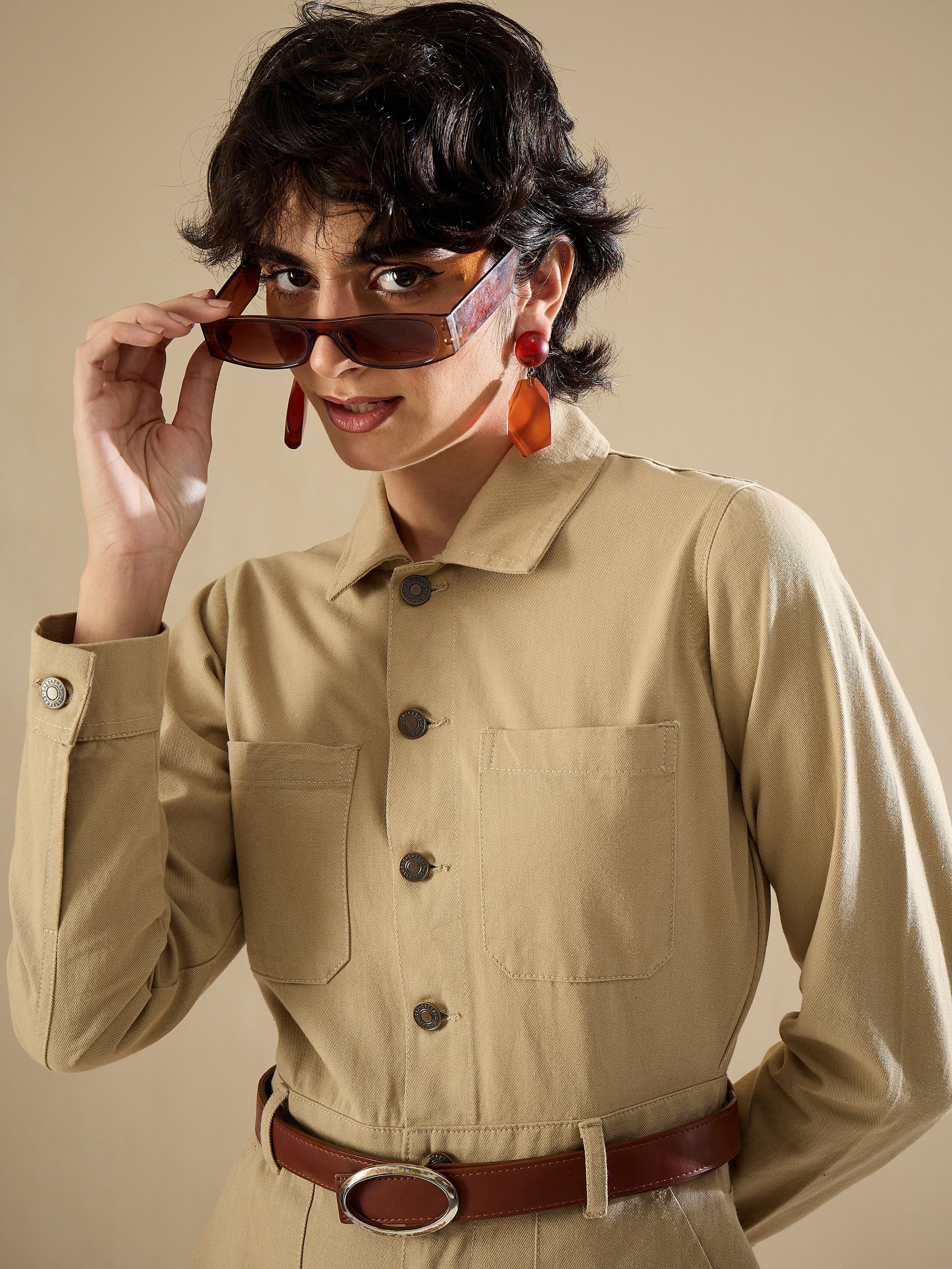 Women Beige Twill Button Down Full Sleeve Jumpsuit-SFJMPS8365