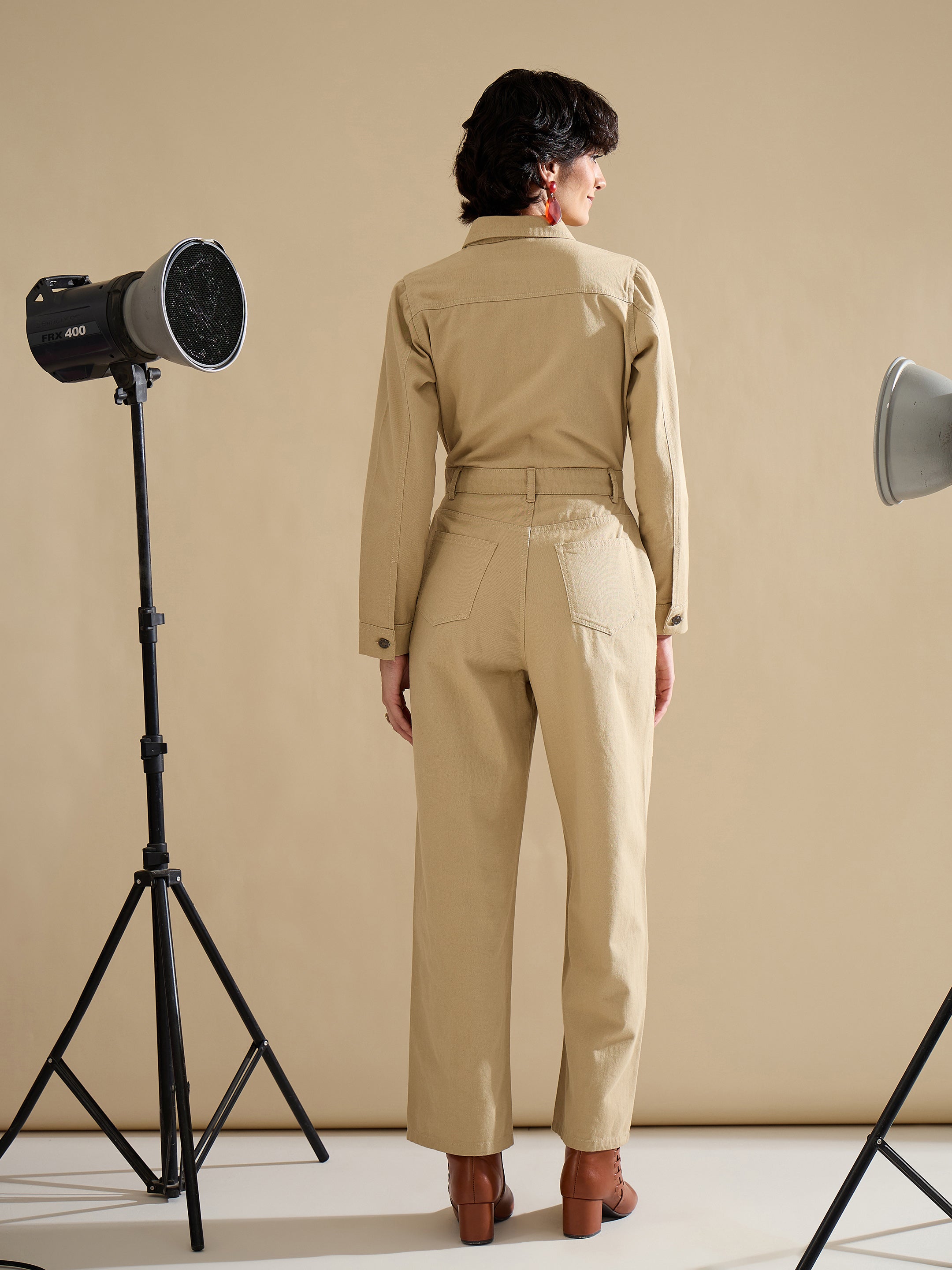 Women Beige Twill Button Down Full Sleeve Jumpsuit-SFJMPS8365