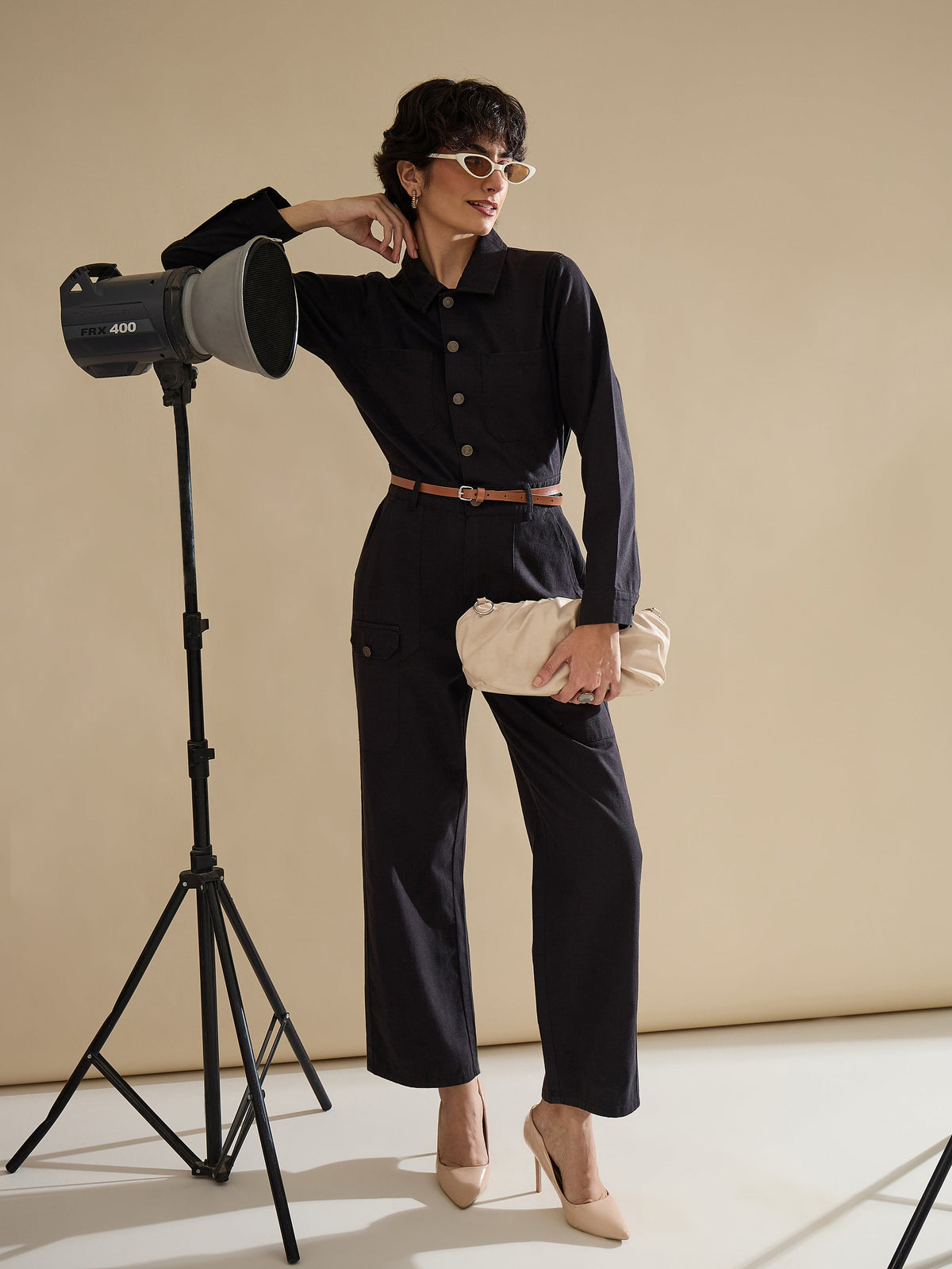 Women Black Twill Button Down Full Sleeve Jumpsuit-SFJMPS8366