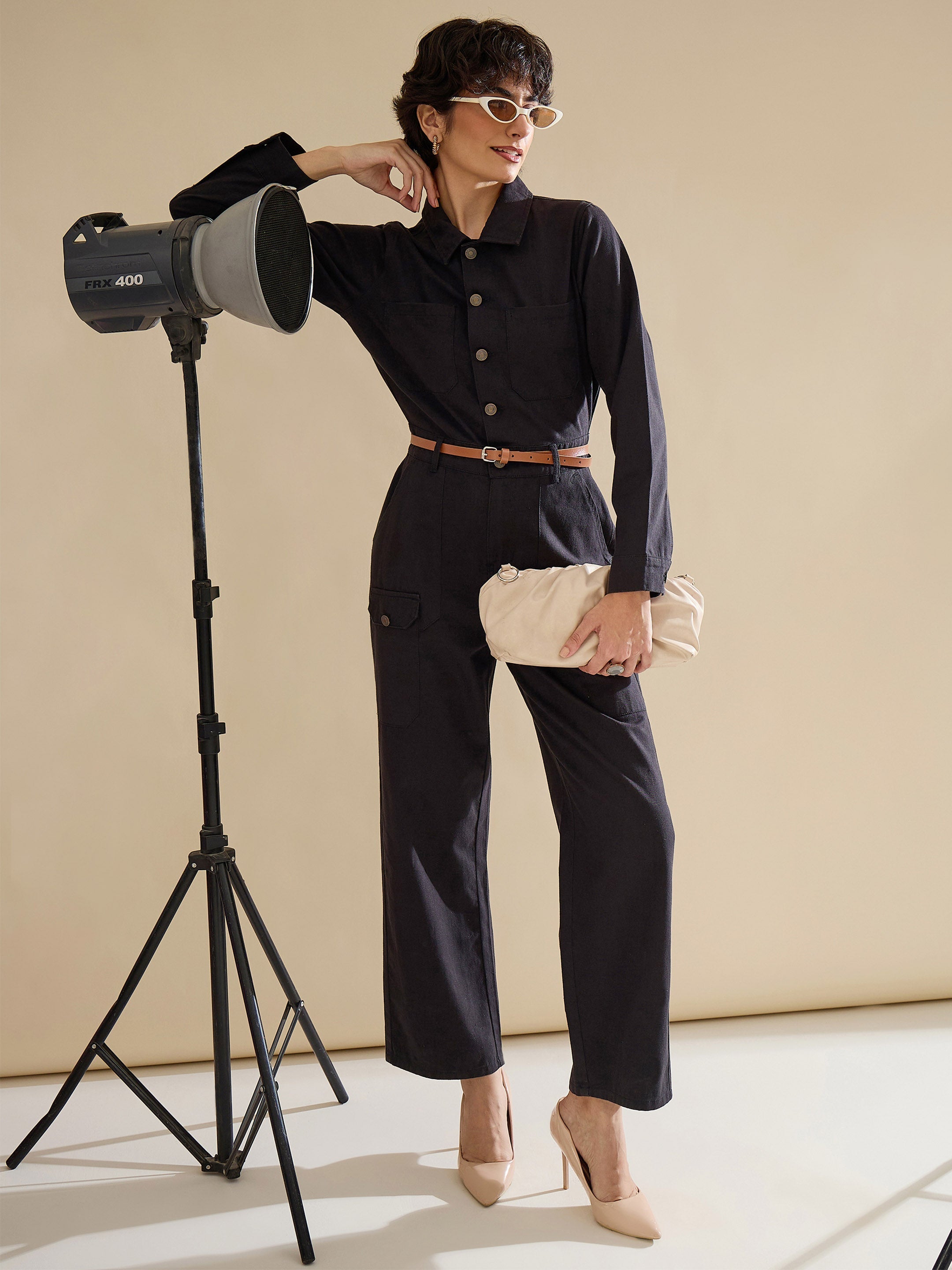 Women Black Twill Button Down Full Sleeve Jumpsuit-SFJMPS8366
