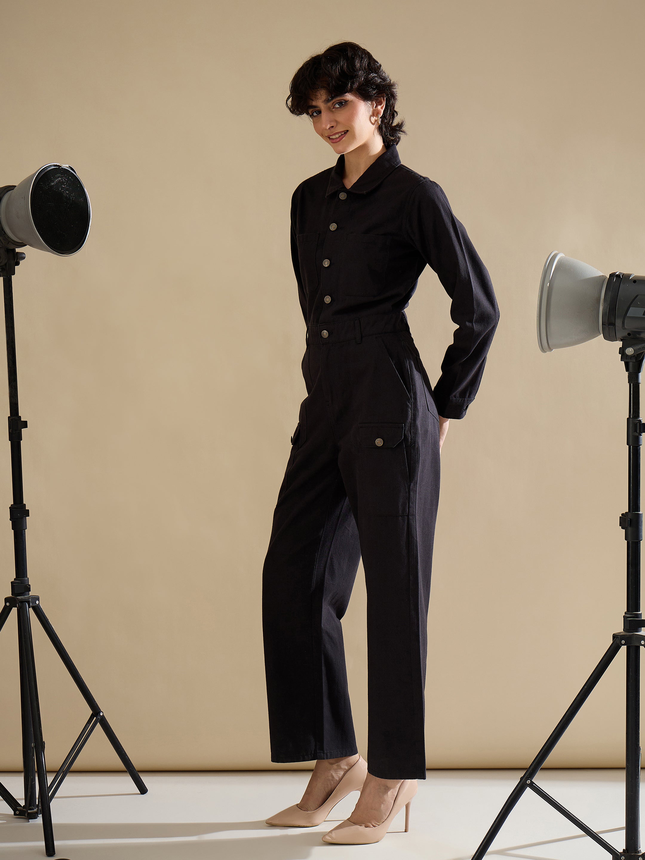 Women Black Twill Button Down Full Sleeve Jumpsuit-SFJMPS8366