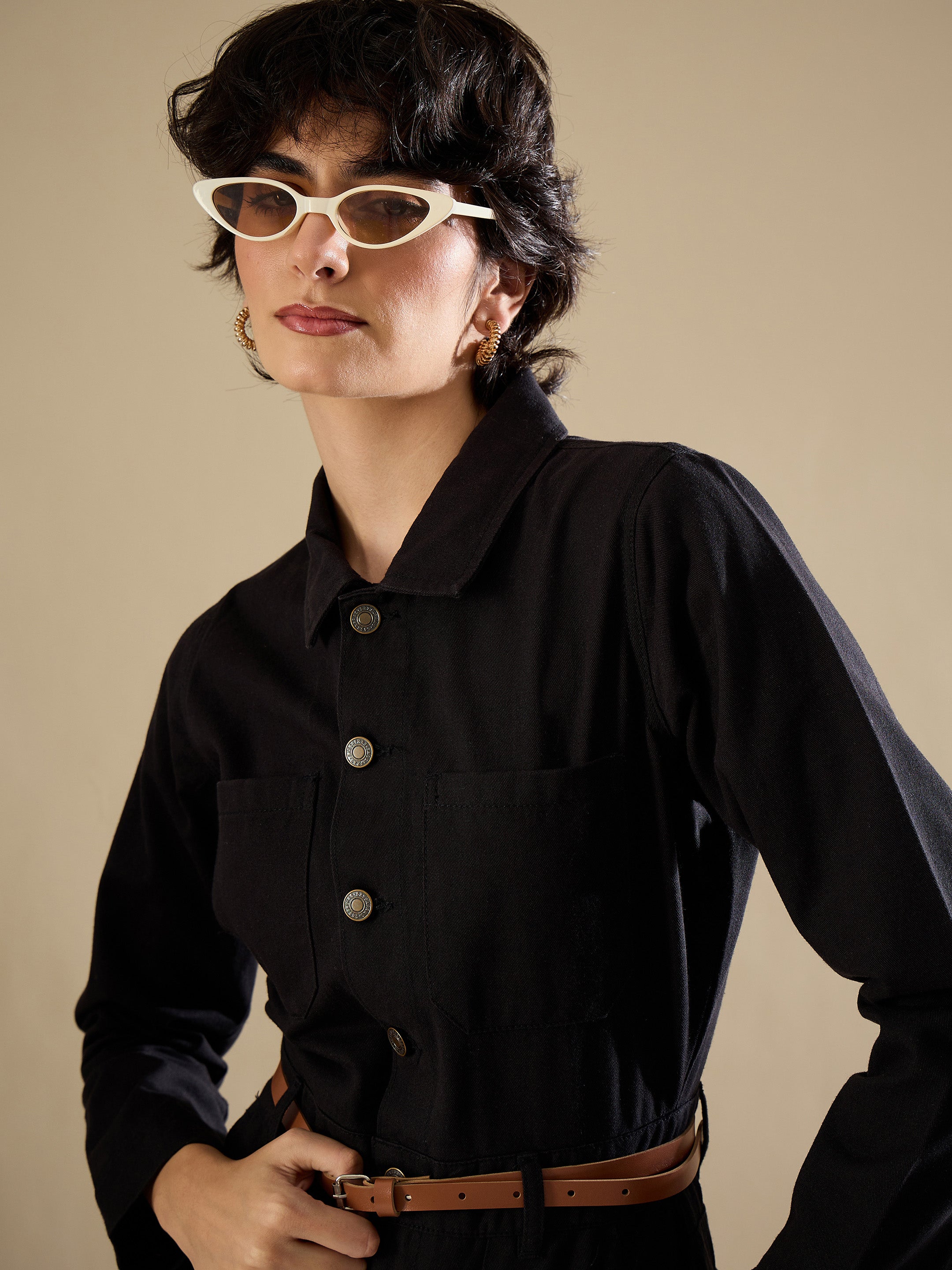 Women Black Twill Button Down Full Sleeve Jumpsuit-SFJMPS8366