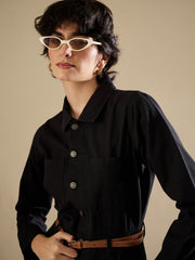 Women Black Twill Button Down Full Sleeve Jumpsuit-SFJMPS8366