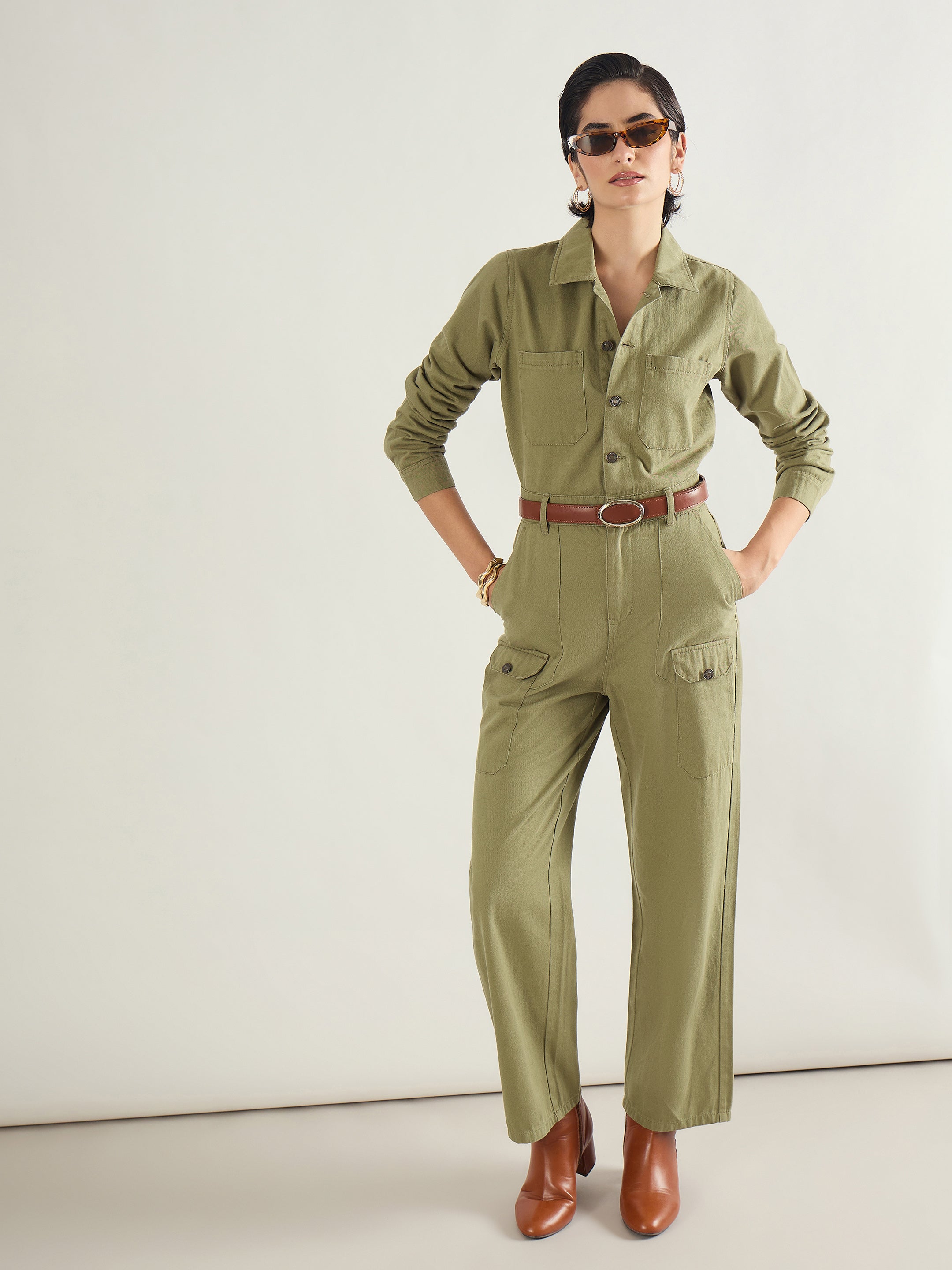 Women Olive Twill Button Down Full Sleeve Jumpsuit-SFJMPS8367