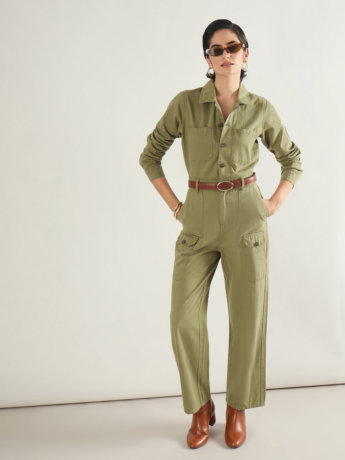 Women Olive Twill Button Down Full Sleeve Jumpsuit-SFJMPS8367