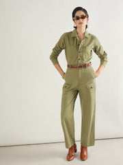 Women Olive Twill Button Down Full Sleeve Jumpsuit-SFJMPS8367
