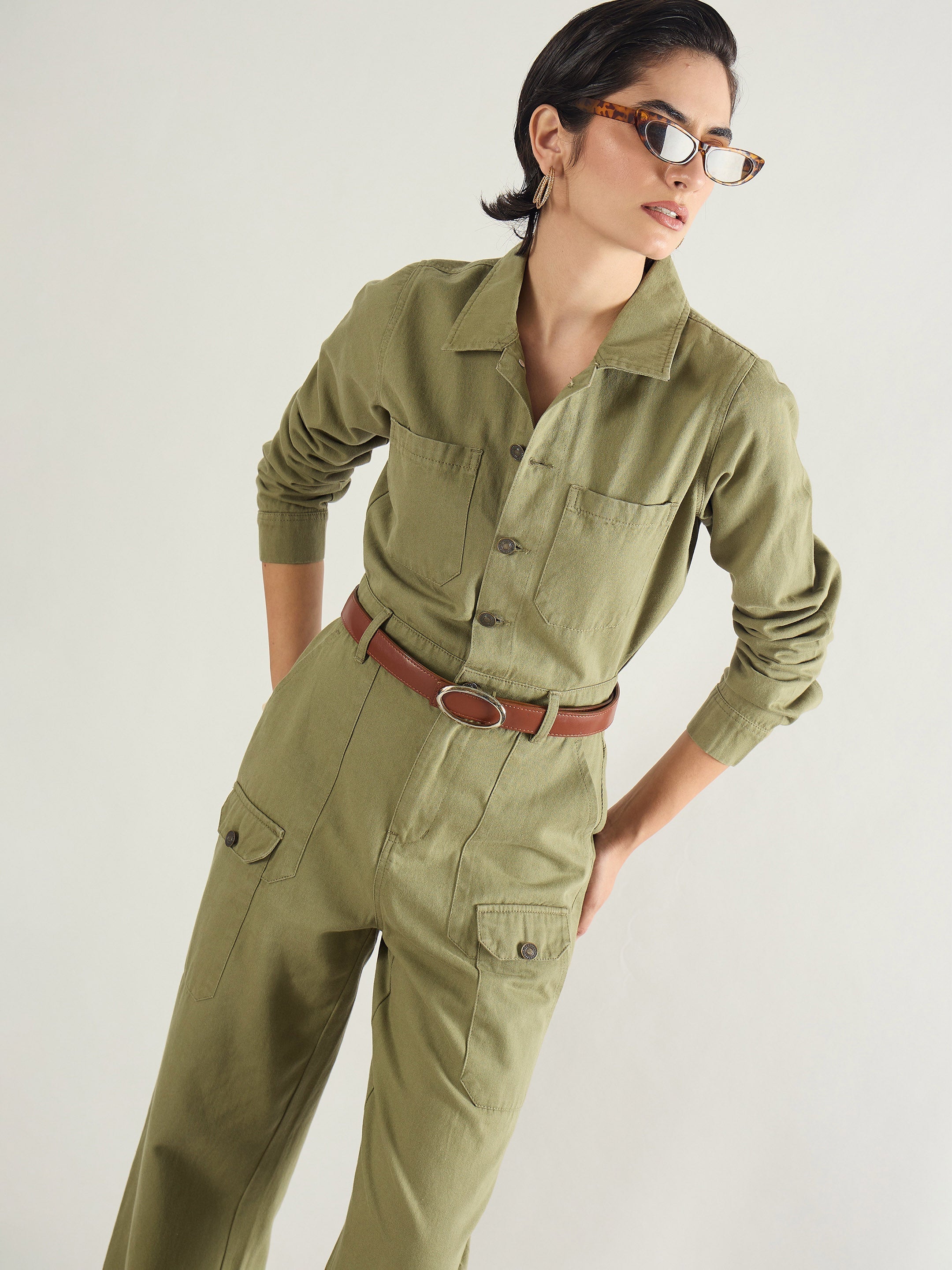 Women Olive Twill Button Down Full Sleeve Jumpsuit-SFJMPS8367