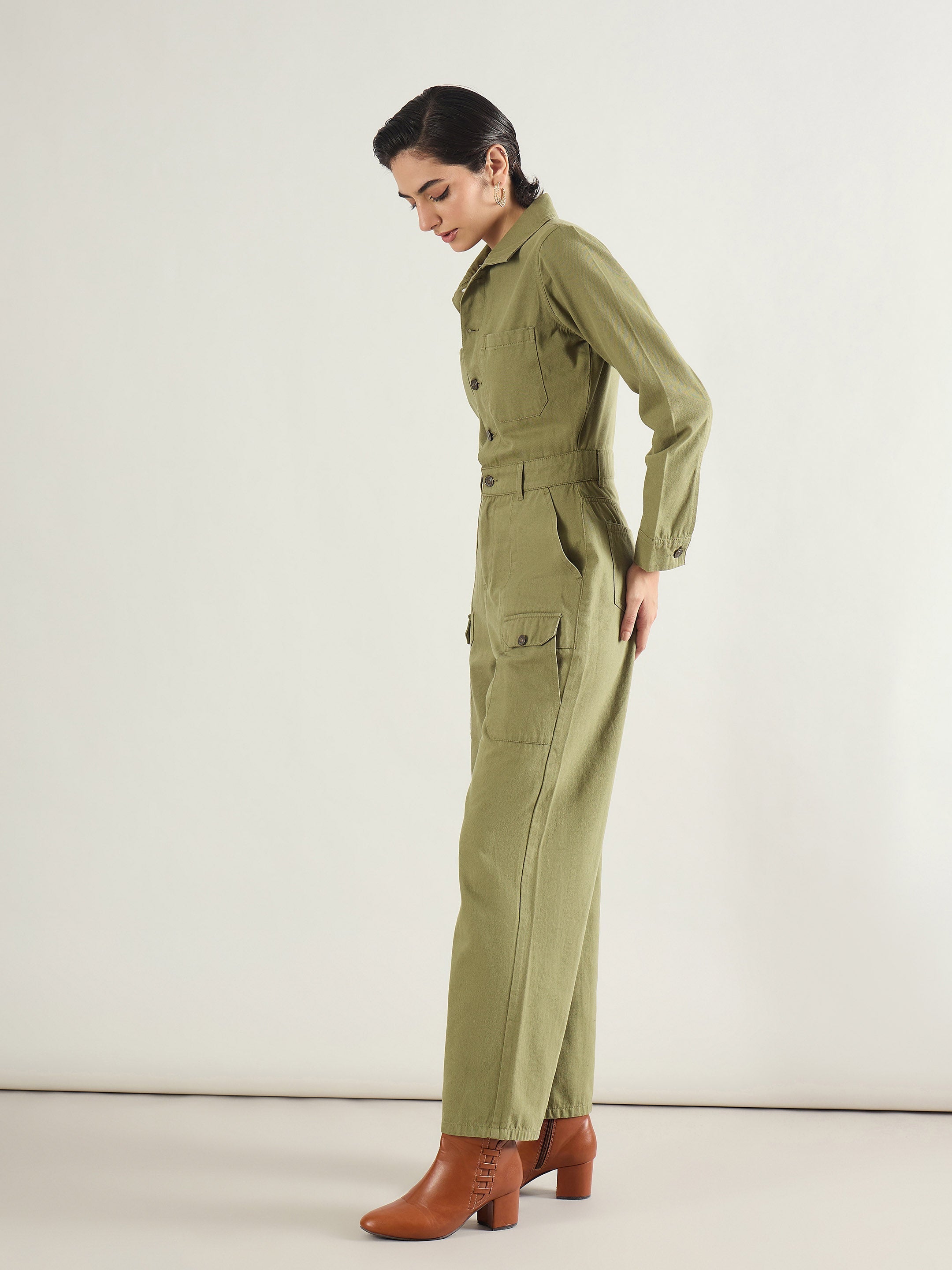 Women Olive Twill Button Down Full Sleeve Jumpsuit-SFJMPS8367