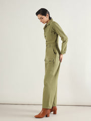 Women Olive Twill Button Down Full Sleeve Jumpsuit-SFJMPS8367