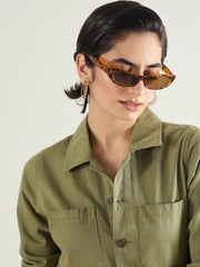 Women Olive Twill Button Down Full Sleeve Jumpsuit-SFJMPS8367