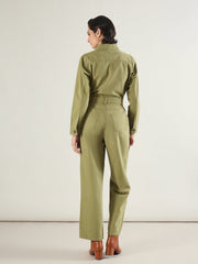 Women Olive Twill Button Down Full Sleeve Jumpsuit-SFJMPS8367