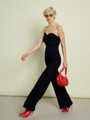 Women Jet Black Denim Off Shoulder Jumpsuit-SFJMPS8368
