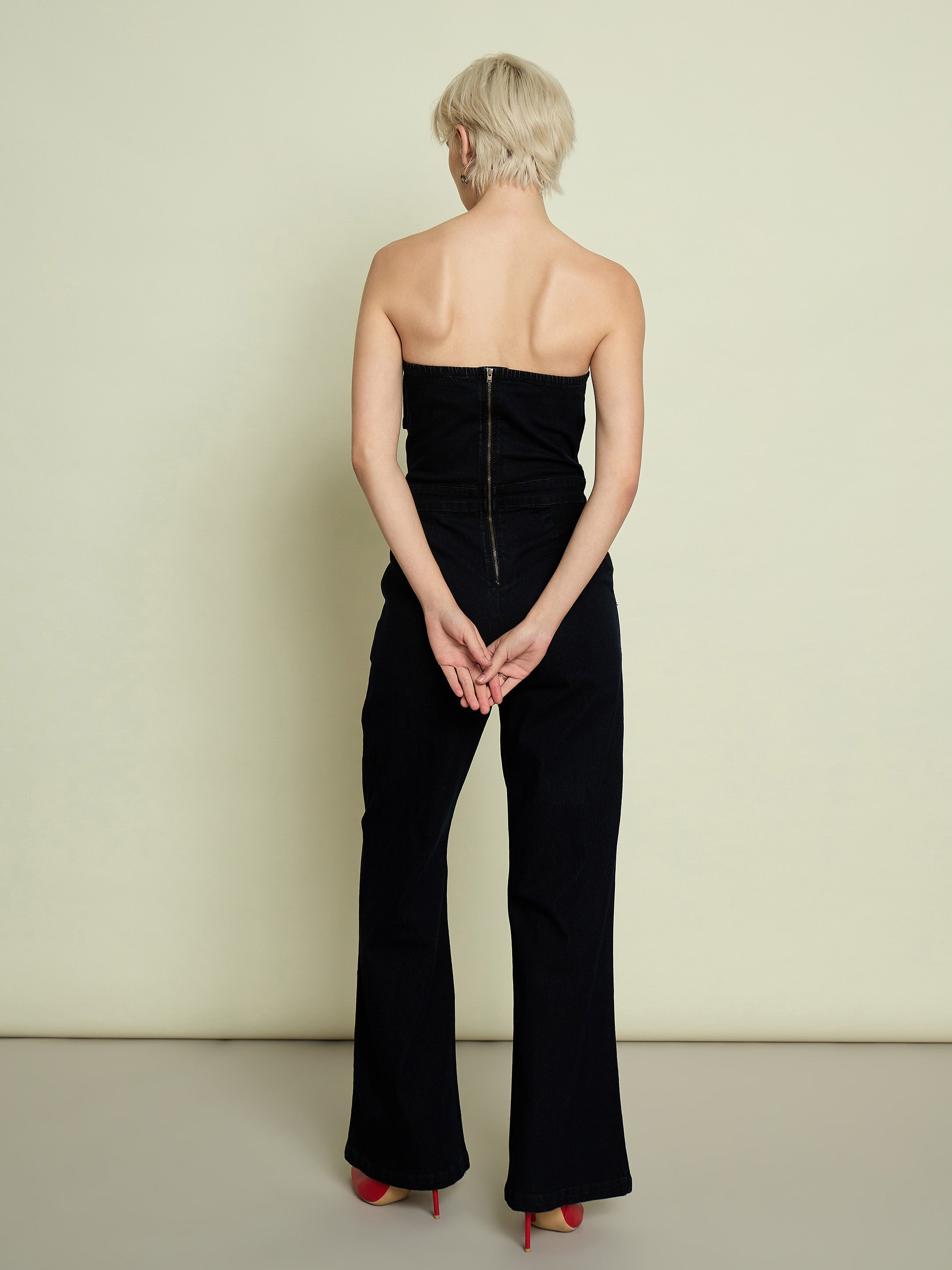 Women Jet Black Denim Off Shoulder Jumpsuit-SFJMPS8368