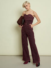 Women Burgundy Denim Off Shoulder Jumpsuit-SFJMPS8369