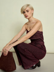 Women Burgundy Denim Off Shoulder Jumpsuit-SFJMPS8369