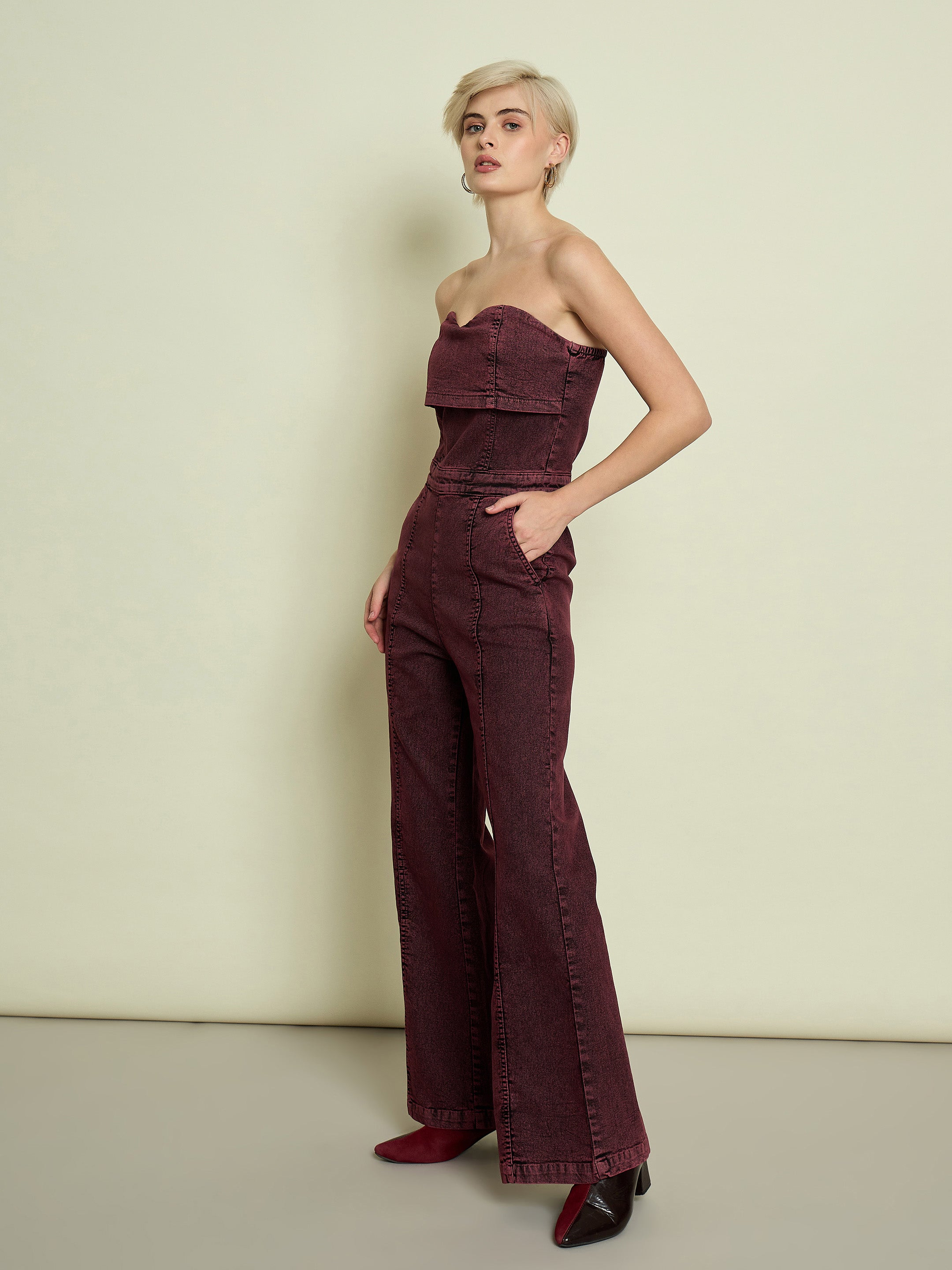 Women Burgundy Denim Off Shoulder Jumpsuit-SFJMPS8369