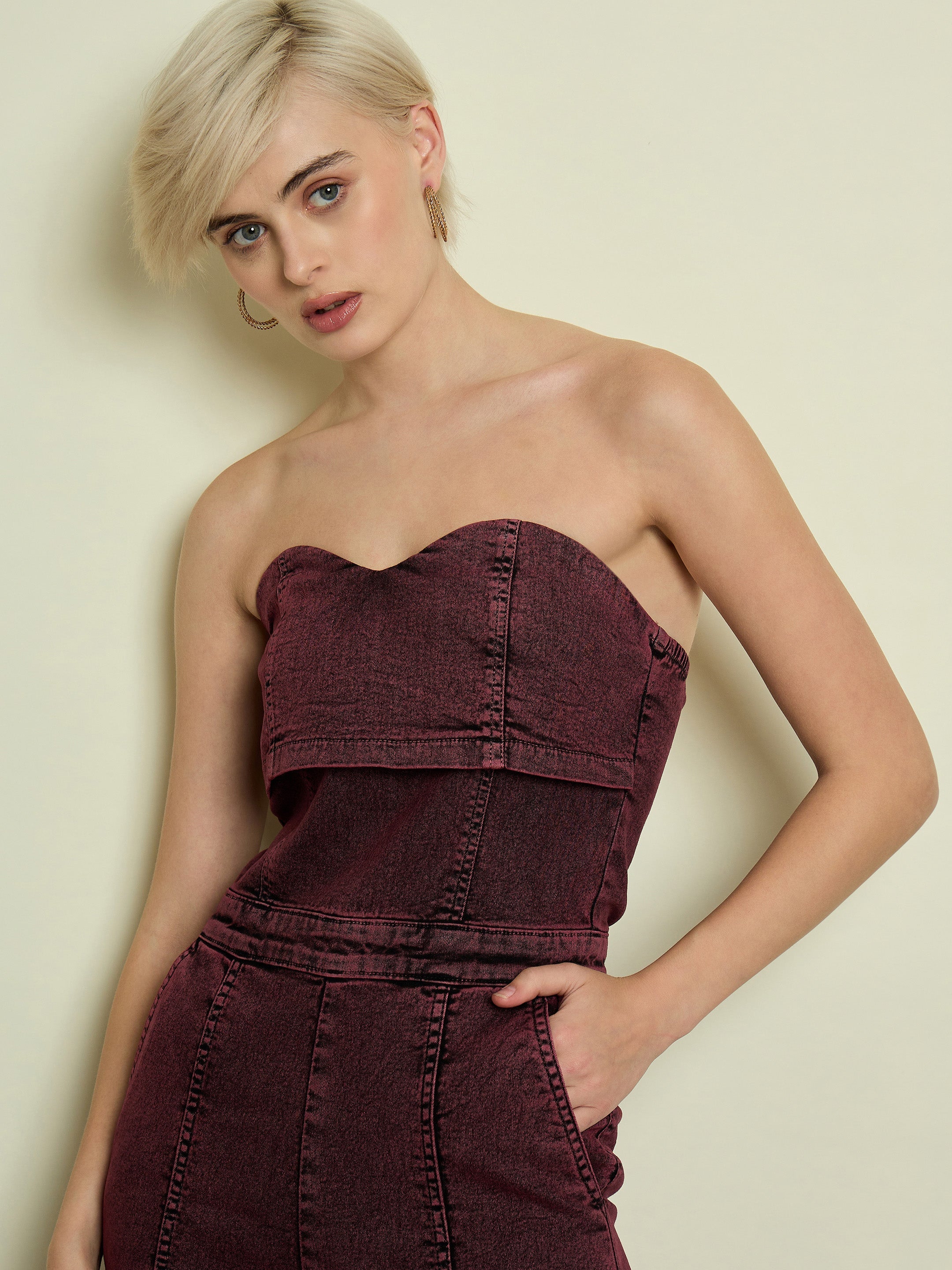 Women Burgundy Denim Off Shoulder Jumpsuit-SFJMPS8369