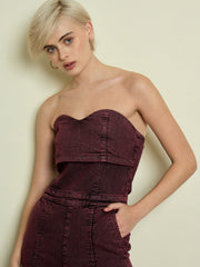 Women Burgundy Denim Off Shoulder Jumpsuit-SFJMPS8369