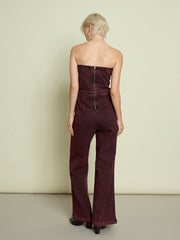 Women Burgundy Denim Off Shoulder Jumpsuit-SFJMPS8369
