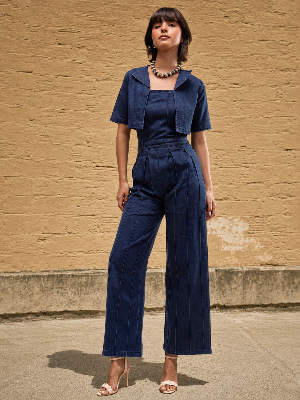 DesiQlo Navy Denim Jumpsuit With Crop Jacket - Navy Blue