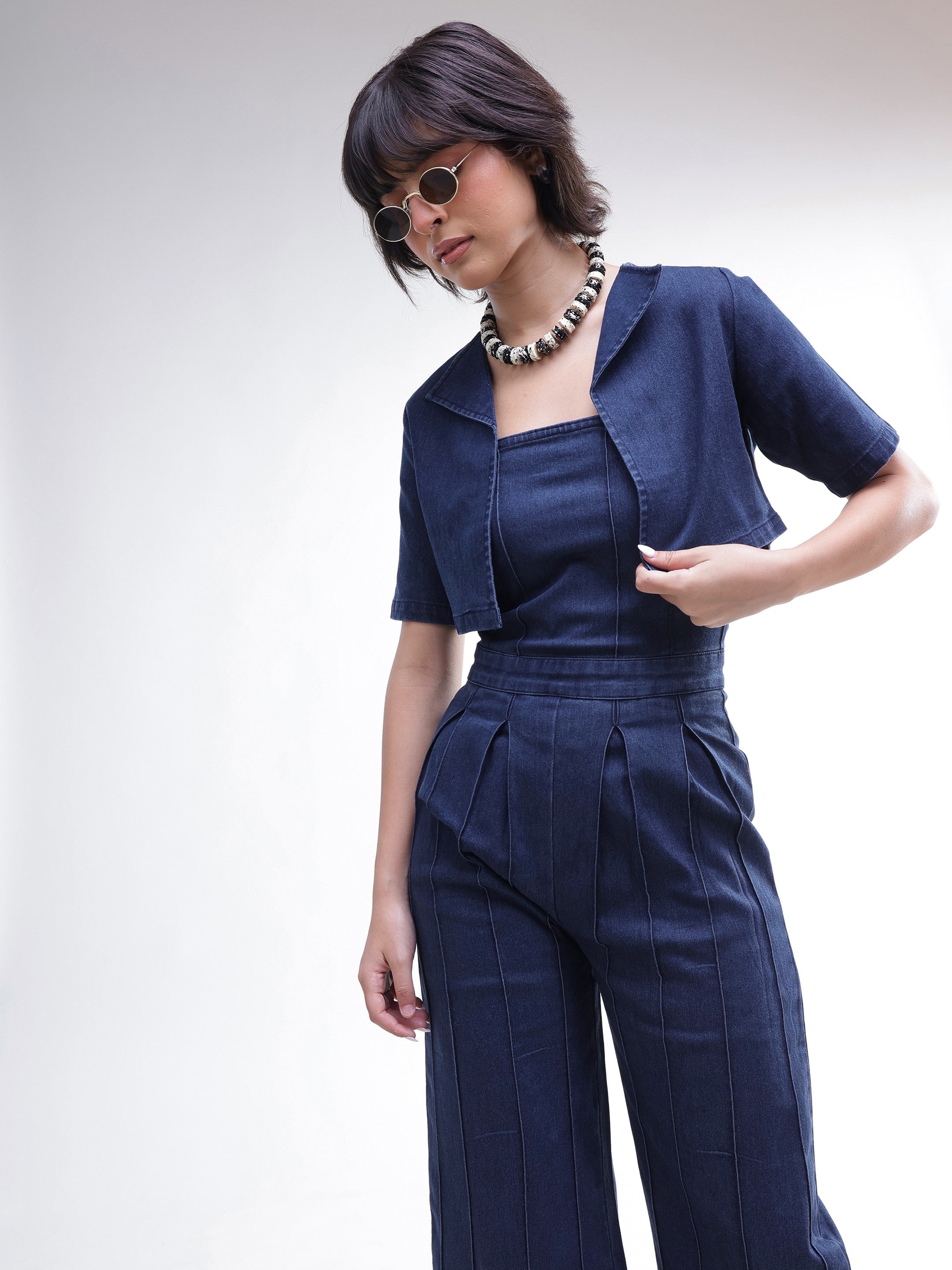 DesiQlo Navy Denim Jumpsuit With Crop Jacket - Navy Blue